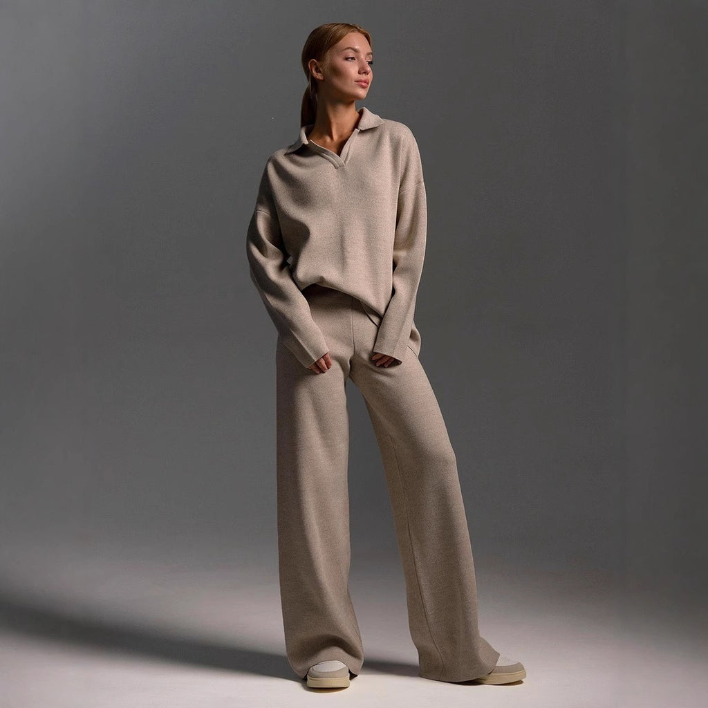 Womens Polo-collar Wide-leg Pants Set