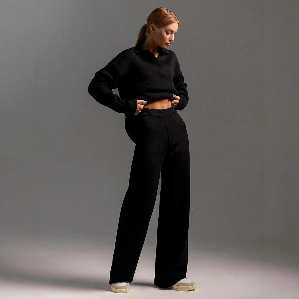 Womens Polo-collar Wide-leg Pants Set