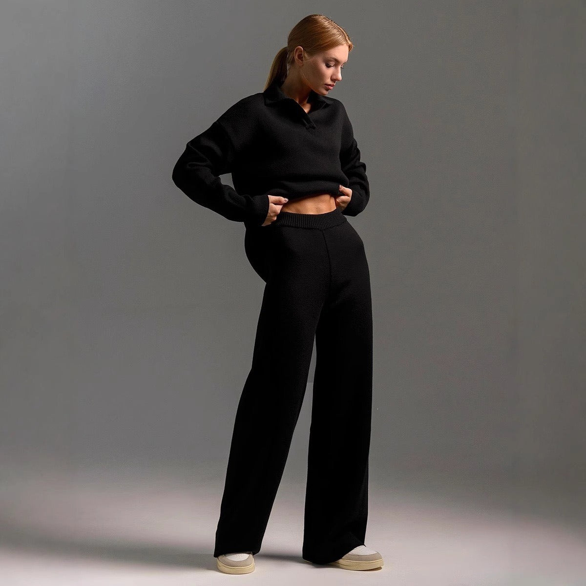 Womens Polo-collar Wide-leg Pants Set