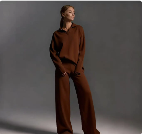 Womens Polo-collar Wide-leg Pants Set