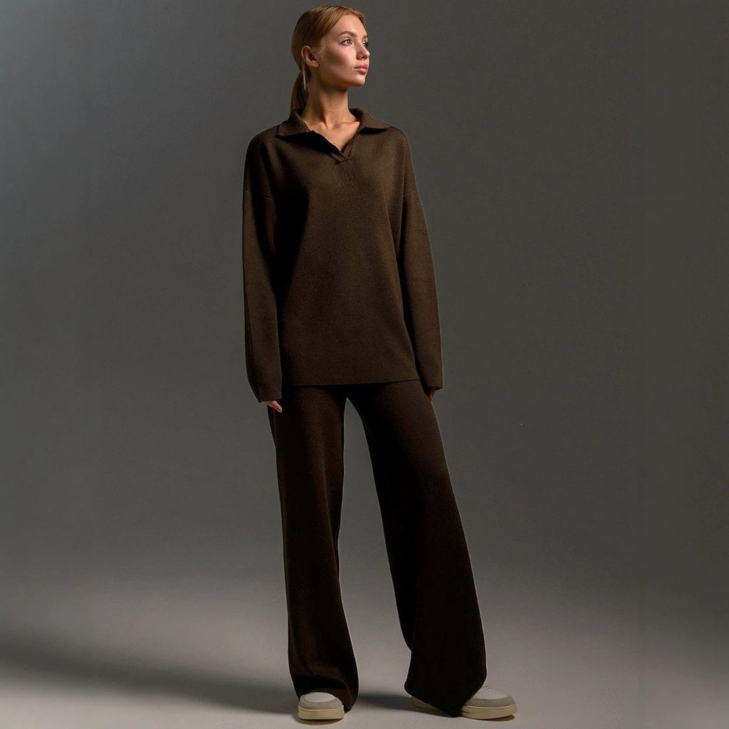 Womens Polo-collar Wide-leg Pants Set