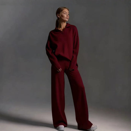 Womens Polo-collar Wide-leg Pants Set